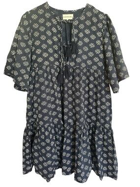 Sohana Navy & White Printed Tassel Tie Tiered Tunic Dress